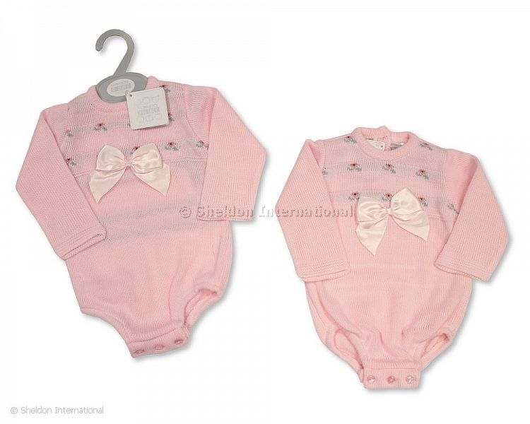 Knitted Baby Girls Romper with Bow and Flower Print