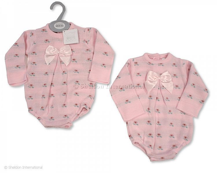 Knitted Baby Girls Romper with Bow and Flower Print
