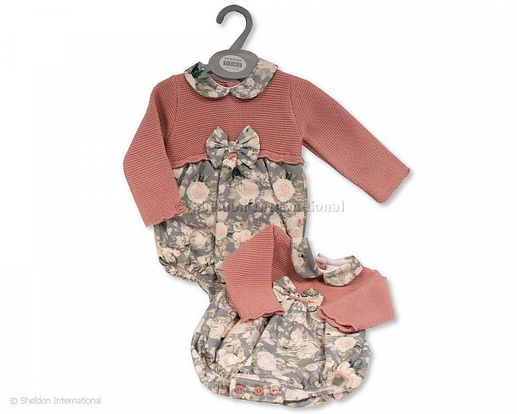 Baby Girls Knitted/ Woven Romper With Bow