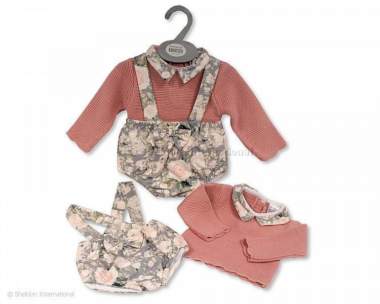Baby Girls Knitted/ Woven Dungaree Set With Bow