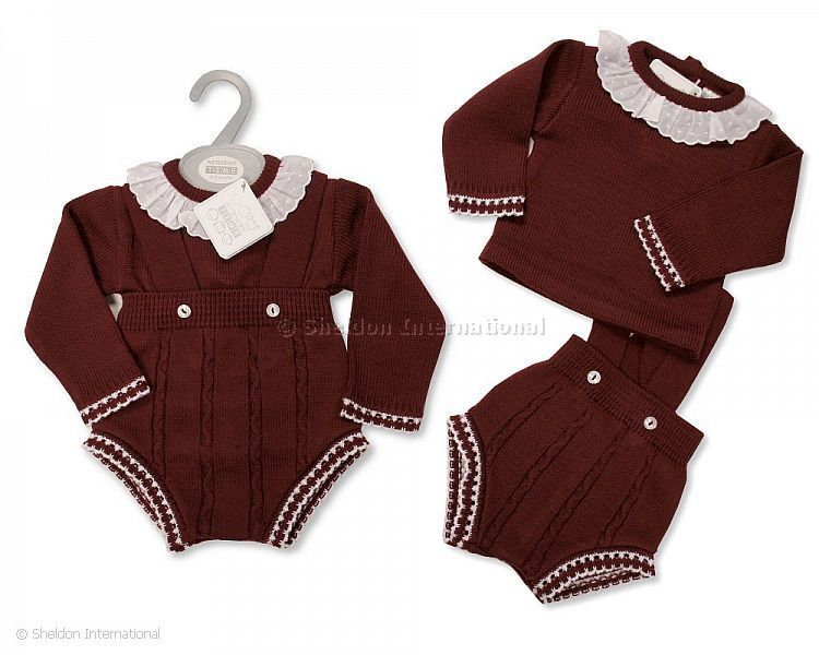 Baby Knitted 2 Pcs Short Dungaree Set With Lace