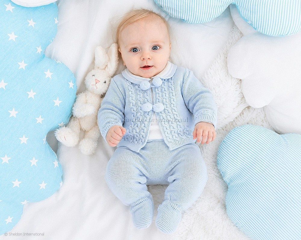 Knitted Baby Boys 3 pcs Set with Pompoms