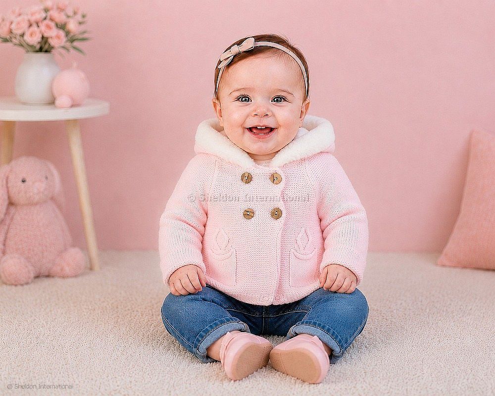 Knitted Baby Girls Pram Coat with Fur Hood