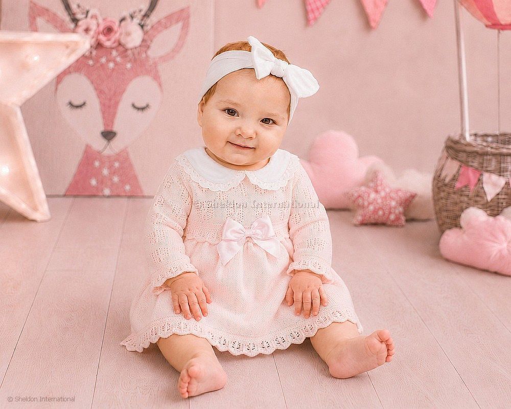 Knitted Baby Girls Dress with Lace Collar and Bow
