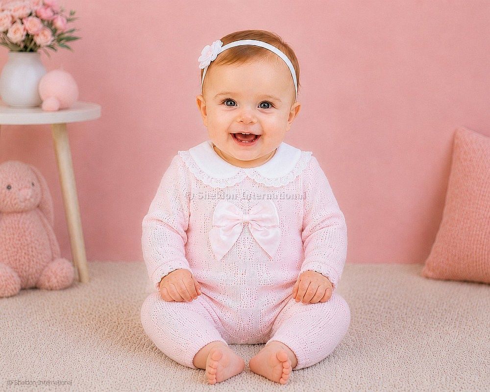 Knitted Baby Girls All-In-One with Lace Collar and Bow