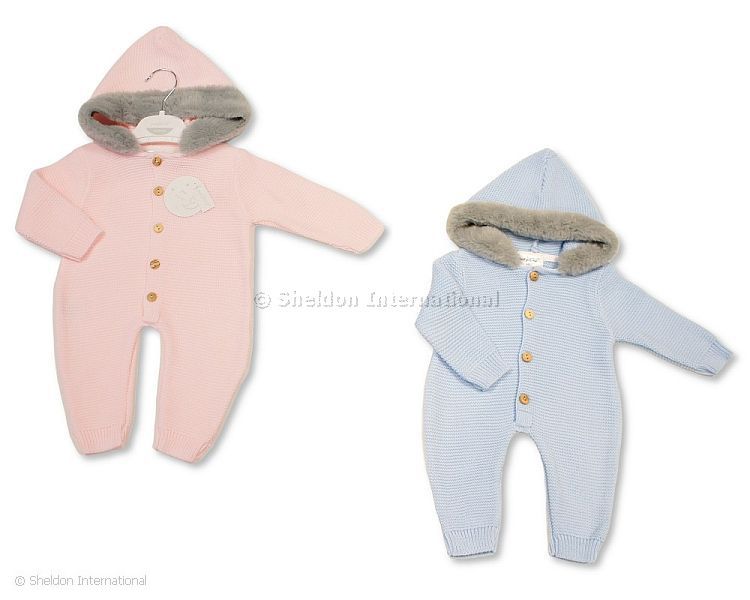 Knitted Baby All-In-One with Fur-Trimmed Hood