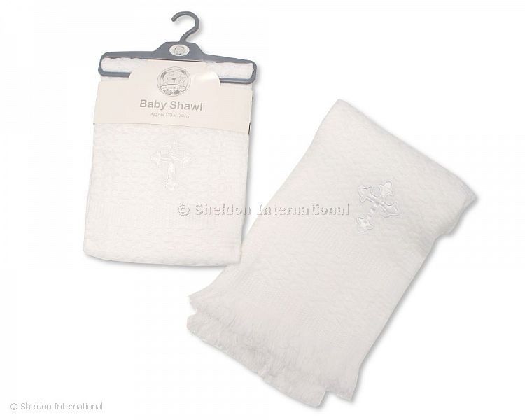 Baby Christening Shawl - Cross - White
