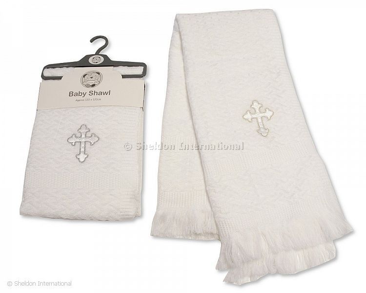 Baby Christening Shawl - Cross - Silver