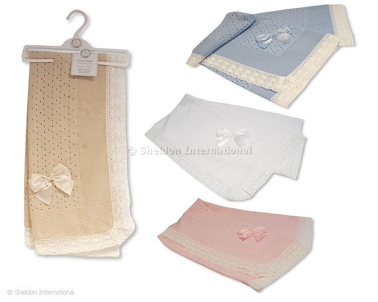 Knitted Baby Lace Shawl with Pointelle Pattern and Bow