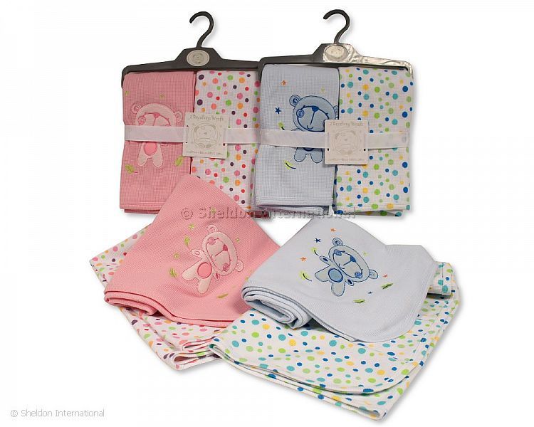 Baby Cotton Receiving Wraps 2-Pack - Teddy/Spots