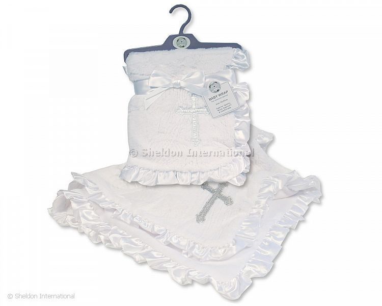 Baby Christening Wrap With Satin Lace Border - Cross