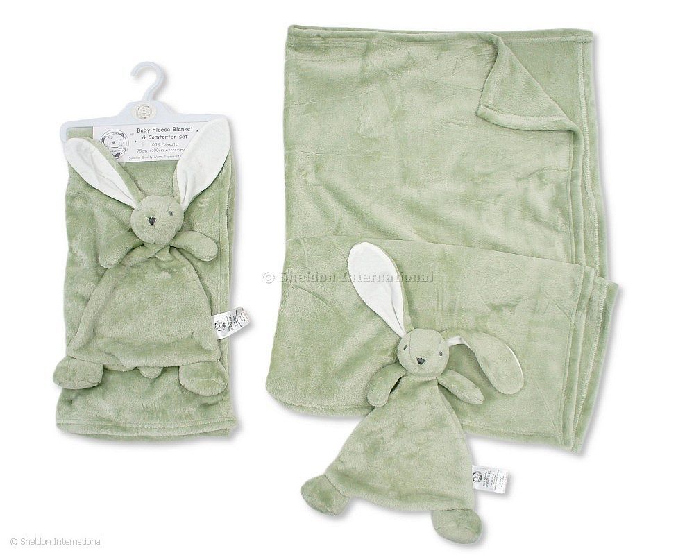 Baby Fleece Blanket And Bunny Comforter Set - Sage Green
