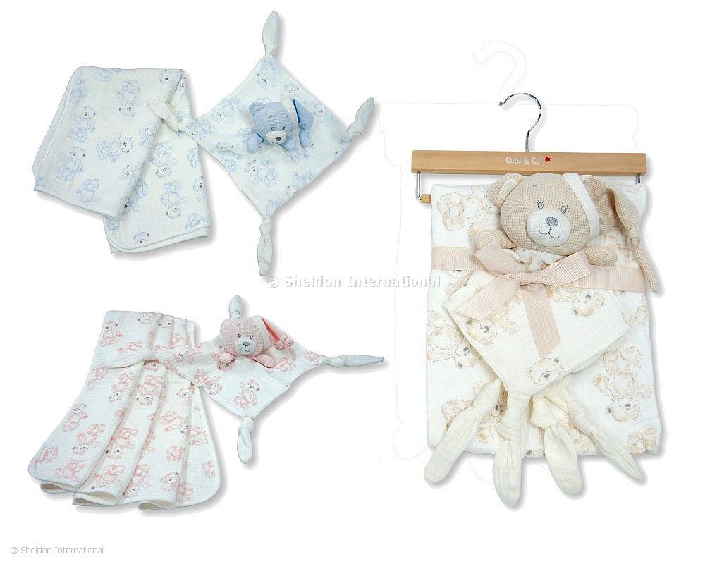 Baby Muslin Blanket And Bear Comforter Set On Hanger