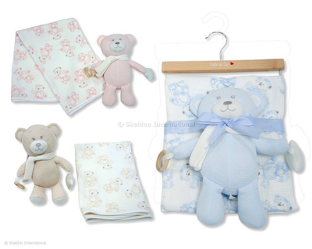 Baby Muslin Blanket And Large Bear Toy Set On Hanger