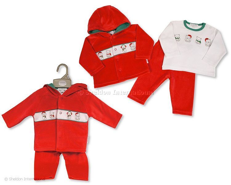 Baby Christmas 3 Pcs Set With Smocking And Hood - Snowman