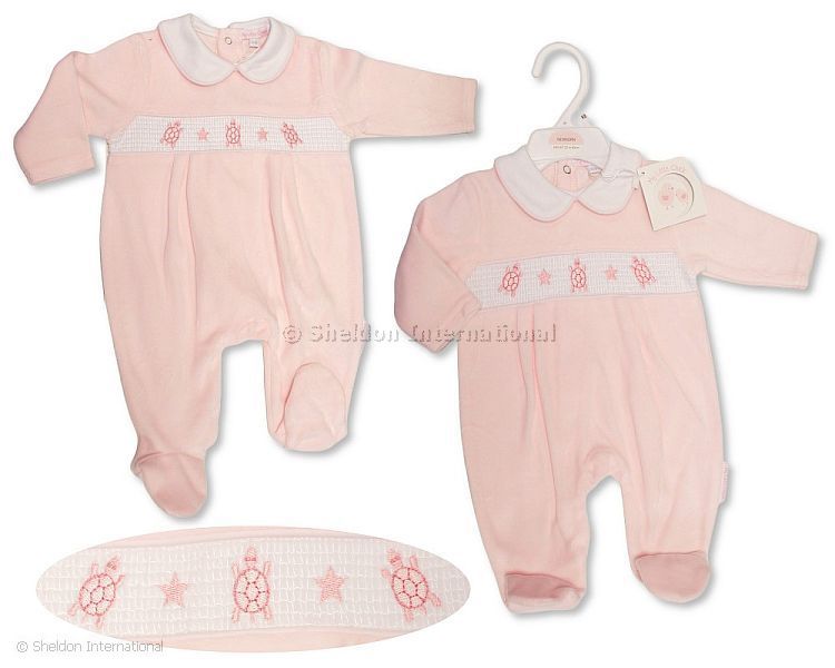Baby Girls Velour All In One With Smocking - Tortoise