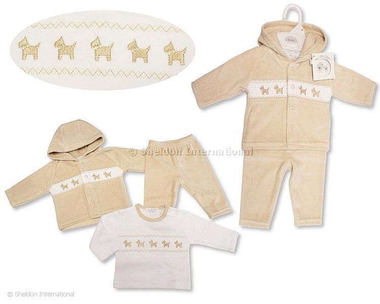 Baby Velour 3 Pcs Set With Smocking - Puppy