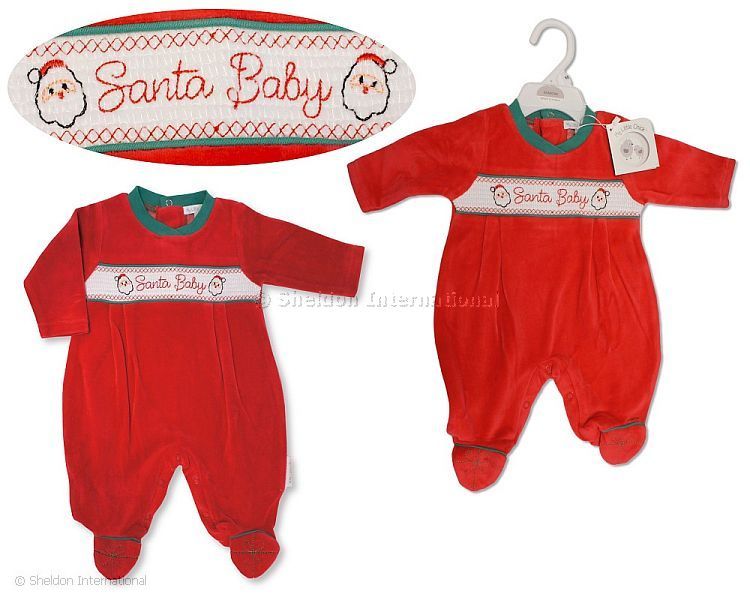 Baby Christmas Velour All In One With Smocking - Santa Baby