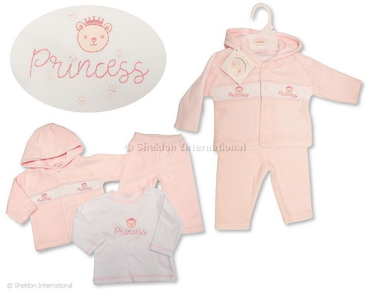 Baby Girls Velour 3 Pcs Set With Smocking - Princess