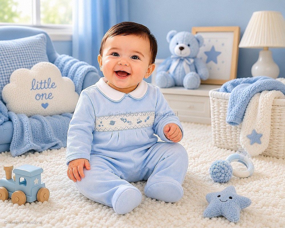 Baby Boys Velour All In One With Smocking - Space Adventure