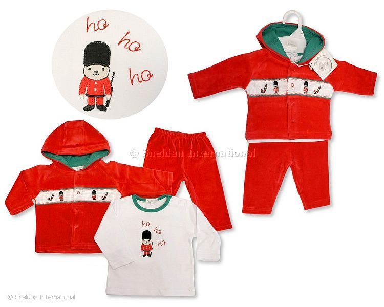 Baby Christmas Velour 3 Pcs Set With Smocking - Ho, Ho, Ho