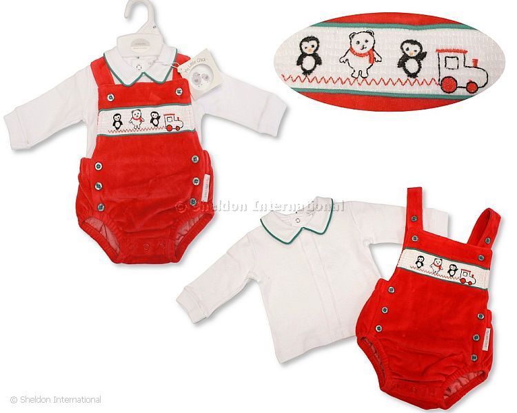 Baby Christmas Velour 2 Pcs Romper Set With Smocking - Polar Bear And Penguin