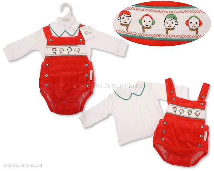 Baby Christmas Velour 2 Pcs Romper Set With Smocking - Snowman