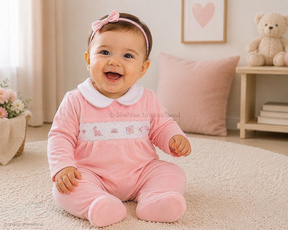 Baby Girls Velour All In One With Smocking - Rainbow