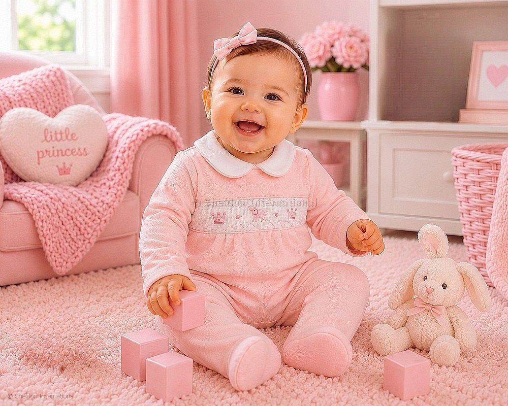 Baby Girls Velour All In One With Smocking - Elephant