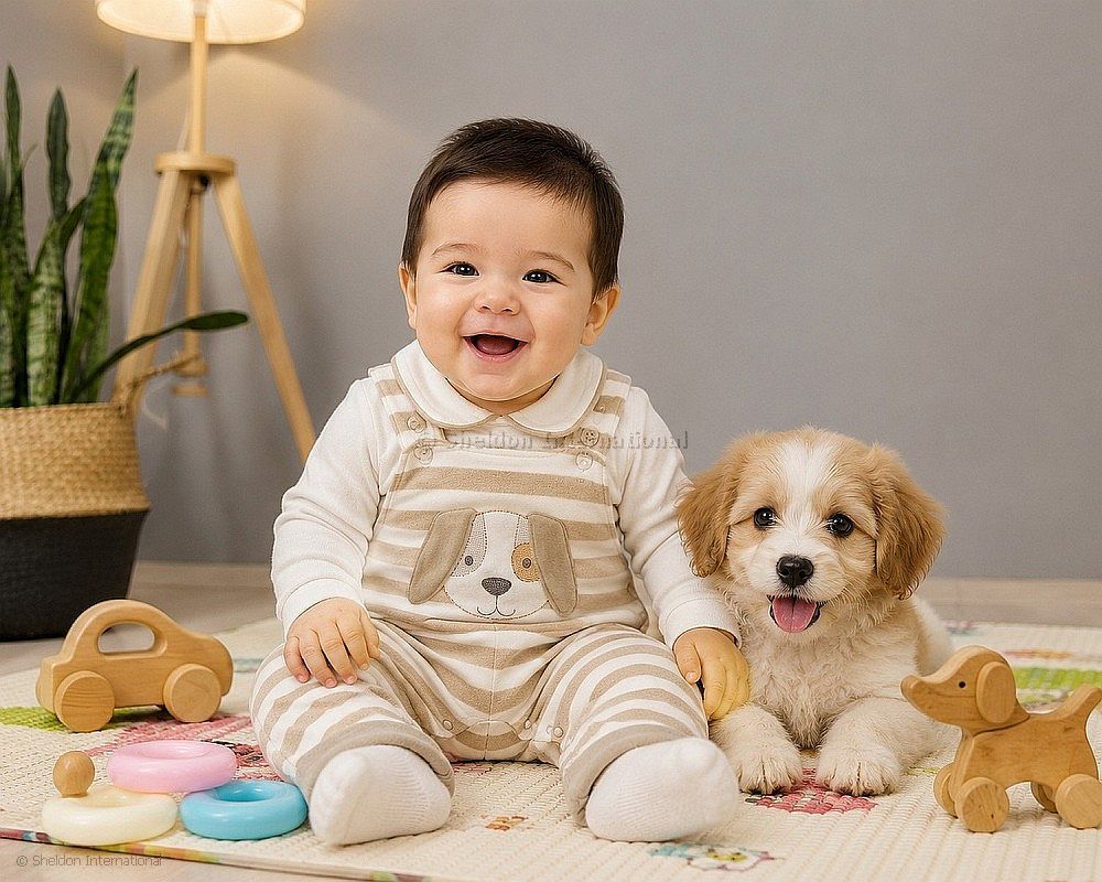 Baby Velour 2 Pcs Dungaree Set With Open Legs - Dog
