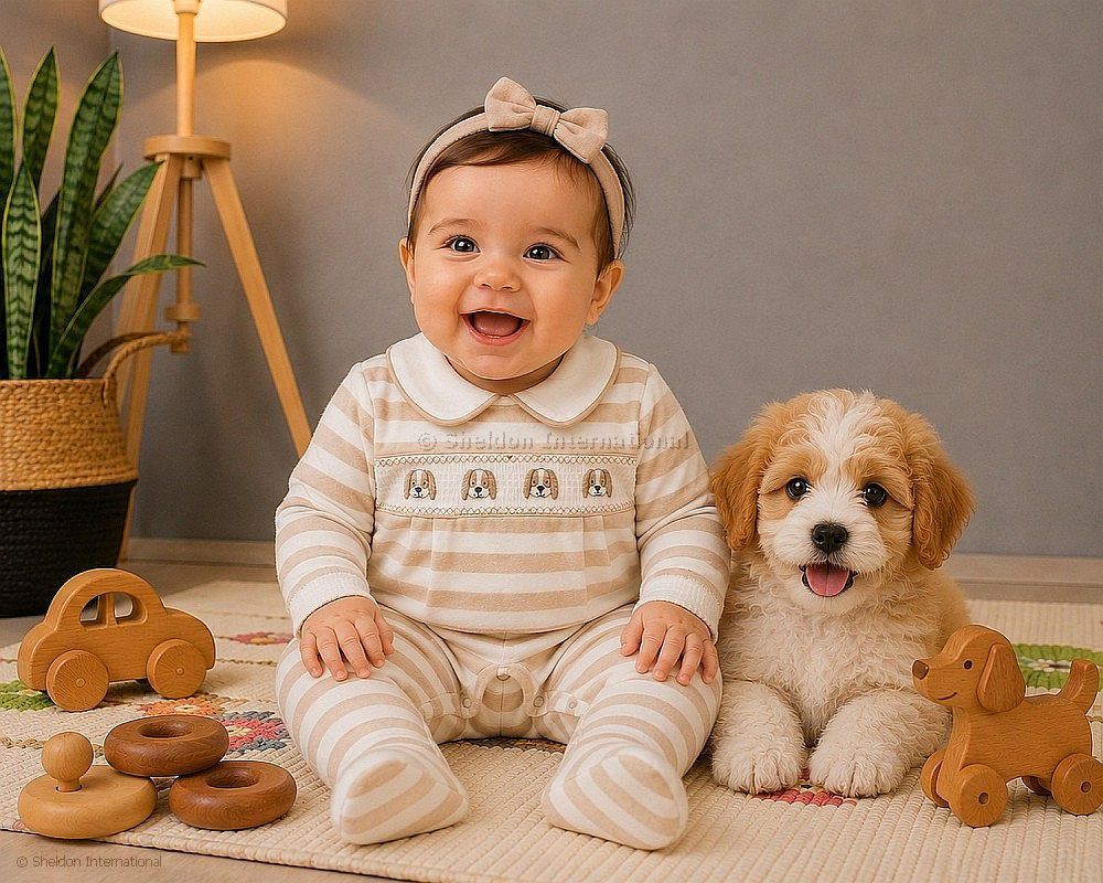 Baby Velour All In One With Smocking - Dog