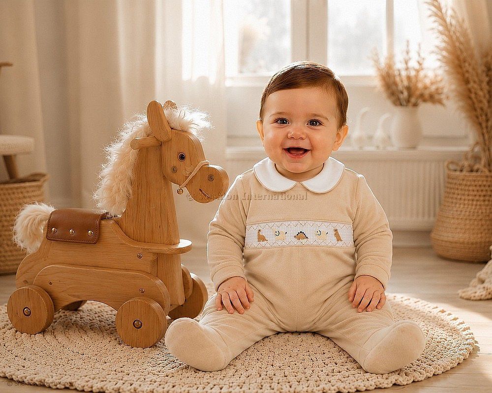 Baby Velour All In One With Smocking - Dino