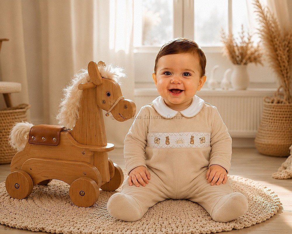 Baby Velour All In One With Smocking - Rabbit