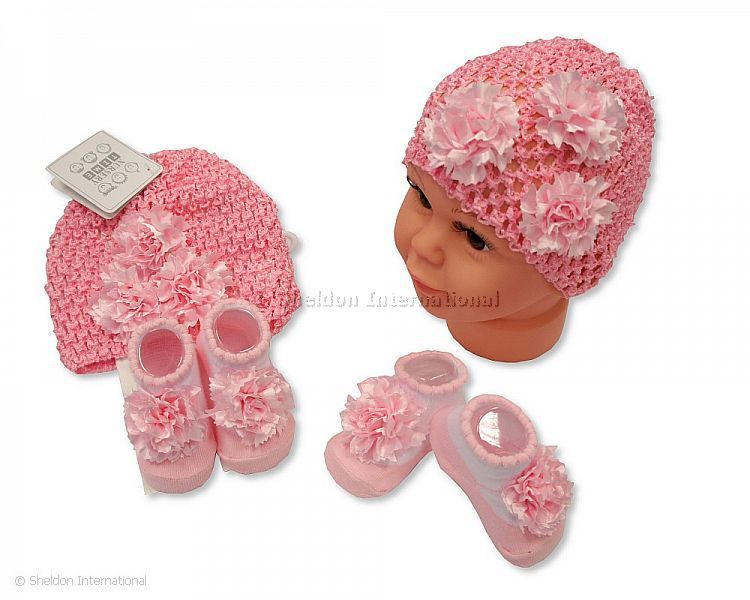 Baby Hat And Booties Set - Pink