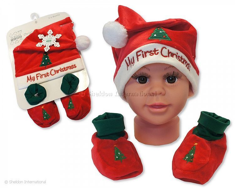 Baby Hat And Booties Gift Set - My First Christmas - Red