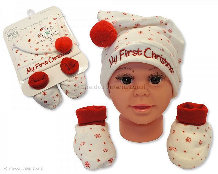 Baby Hat And Booties Gift Set - My First Christmas - Cream