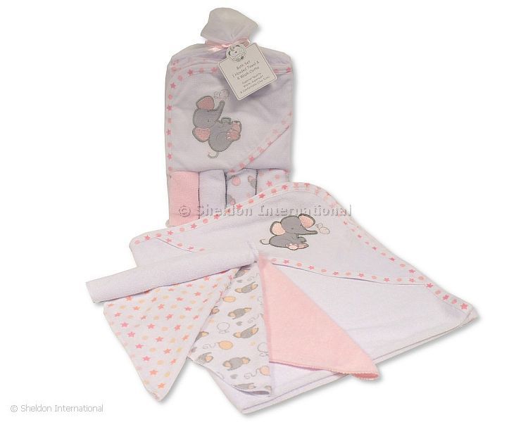 Baby Hooded Towel And Wash Cloths Set - Pink