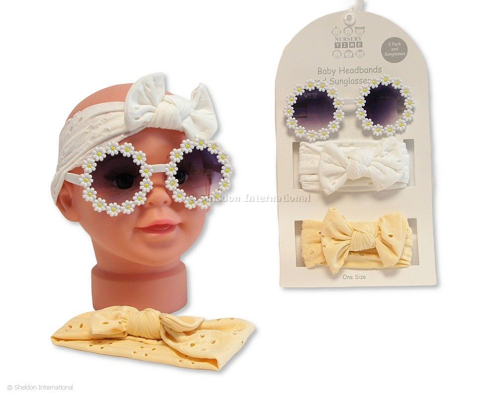 Baby Girls 2 Headbands With Bow And Sunglasses Set - Taupe