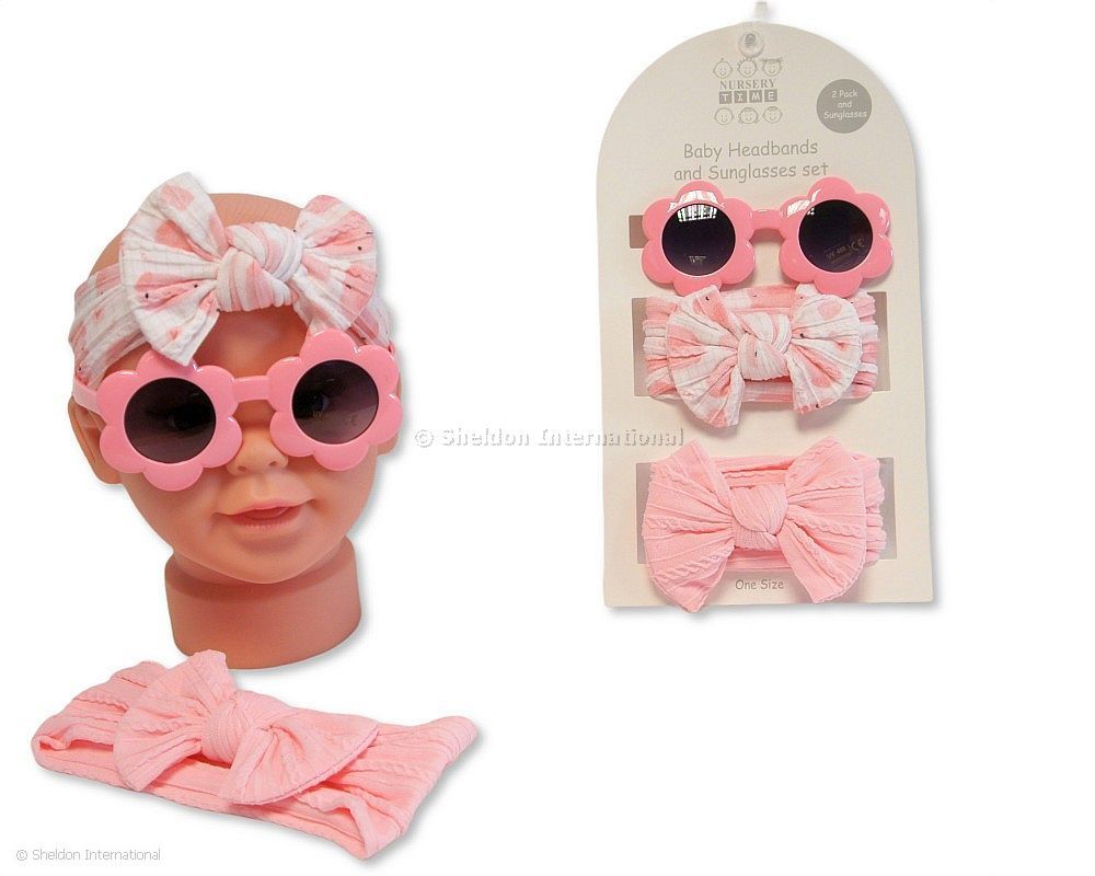 Baby Girls 2 Headbands With Bow And Sunglasses Set - Pink