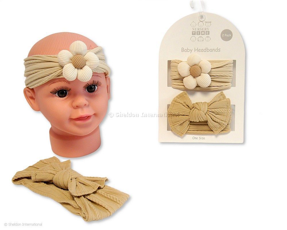 Baby Girls 2 Headbands With Bow And Flower Set - Taupe