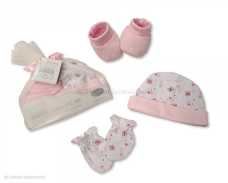 Baby Hat Mitten And Booties Set In Mesh Bag - Pink