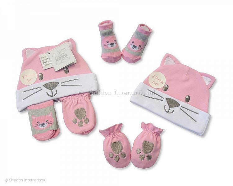 Baby Hat, Socks And Mitten Set - Cat