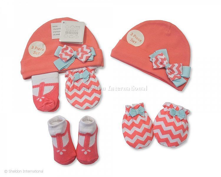Baby Hat, Socks And Mitten Set - Bow