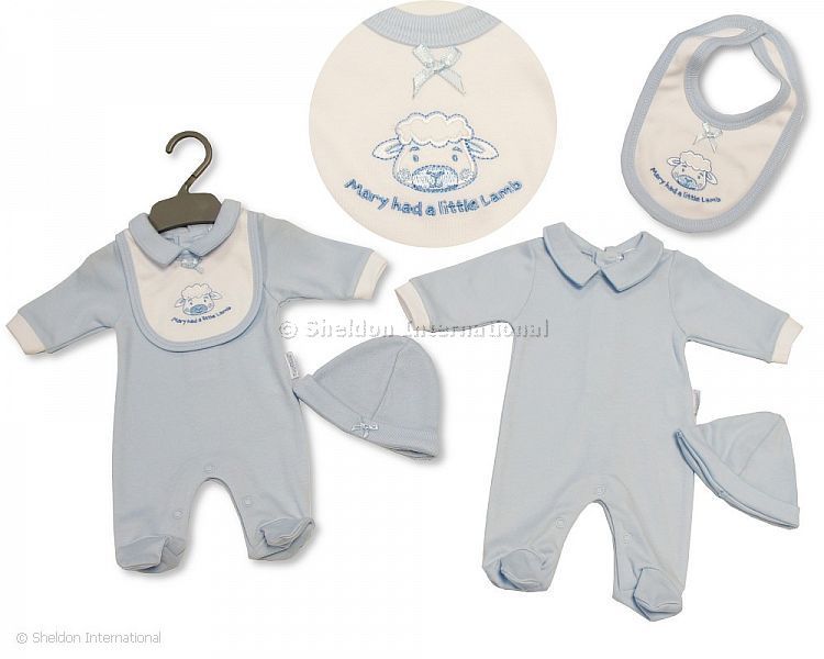 Premature Baby Boys All in One with Bib and Hat - Little Lamb