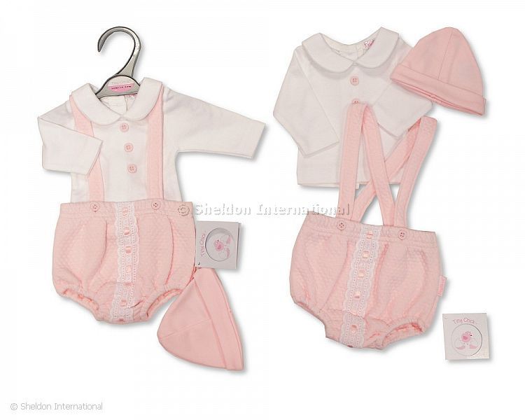 Premature Baby Girls 2 pcs Short Dungaree Set with Lace and Hat