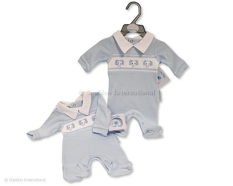 Premature Baby Boys All in One with Smocking - Elephant