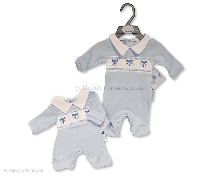 Premature Baby Boys All in One with Smocking - Fox