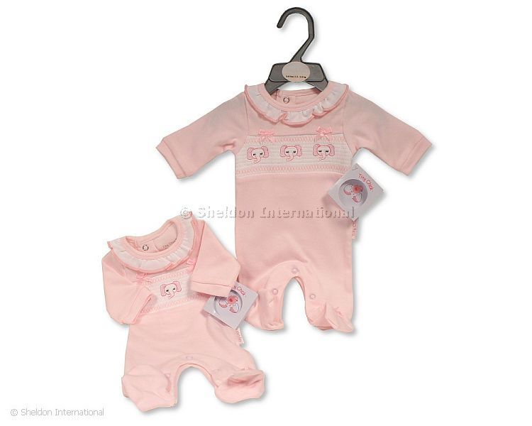 Premature Baby Girls All in One with Smocking and Bows - Elephant