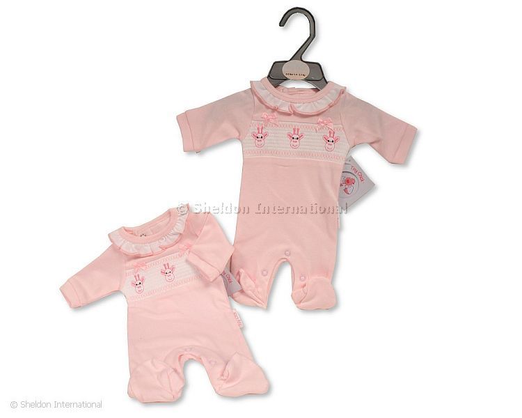 Premature Baby Girls All in One with Smocking and Bows - Giraffe