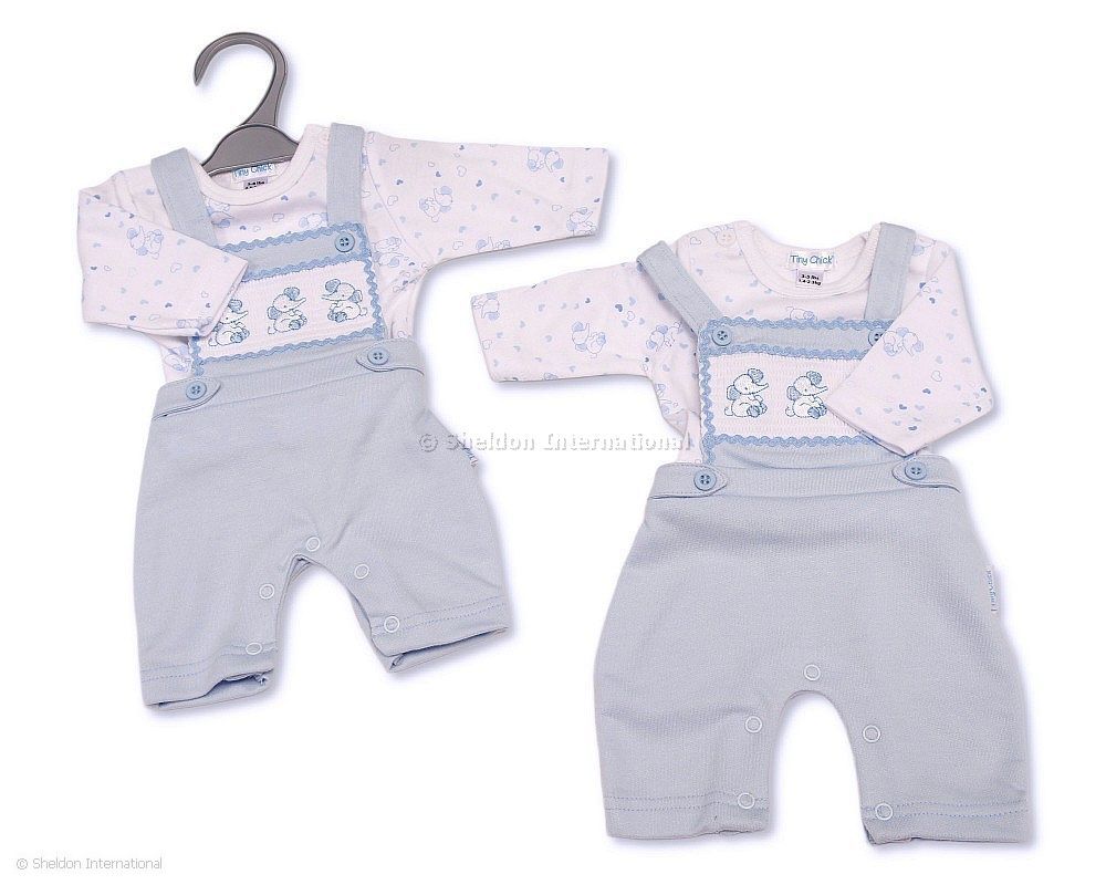 Premature Baby Boys 2 pcs Dungaree Set with Smocking - Elephant